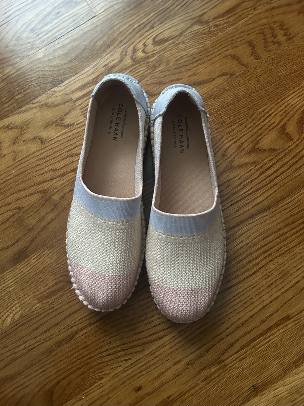 Cole Haan Knit Slip-On Espadrilles in Pink, Cream and Light Blue